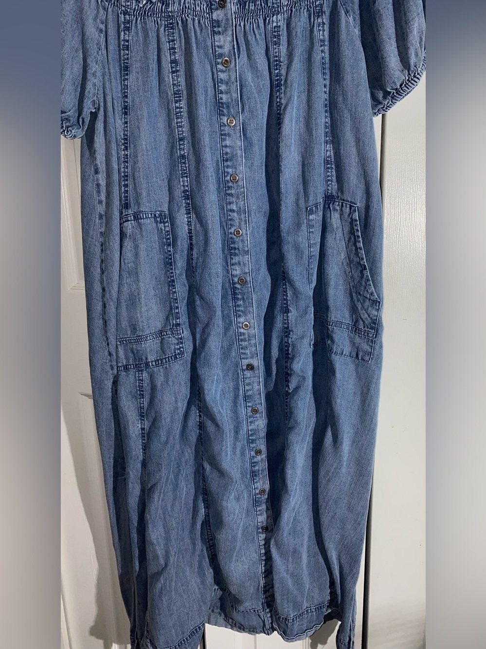 Easel Blue Denim Summer Boho Midi Dress Button M Puff Sleeve AA20 - Picture 3 of 10